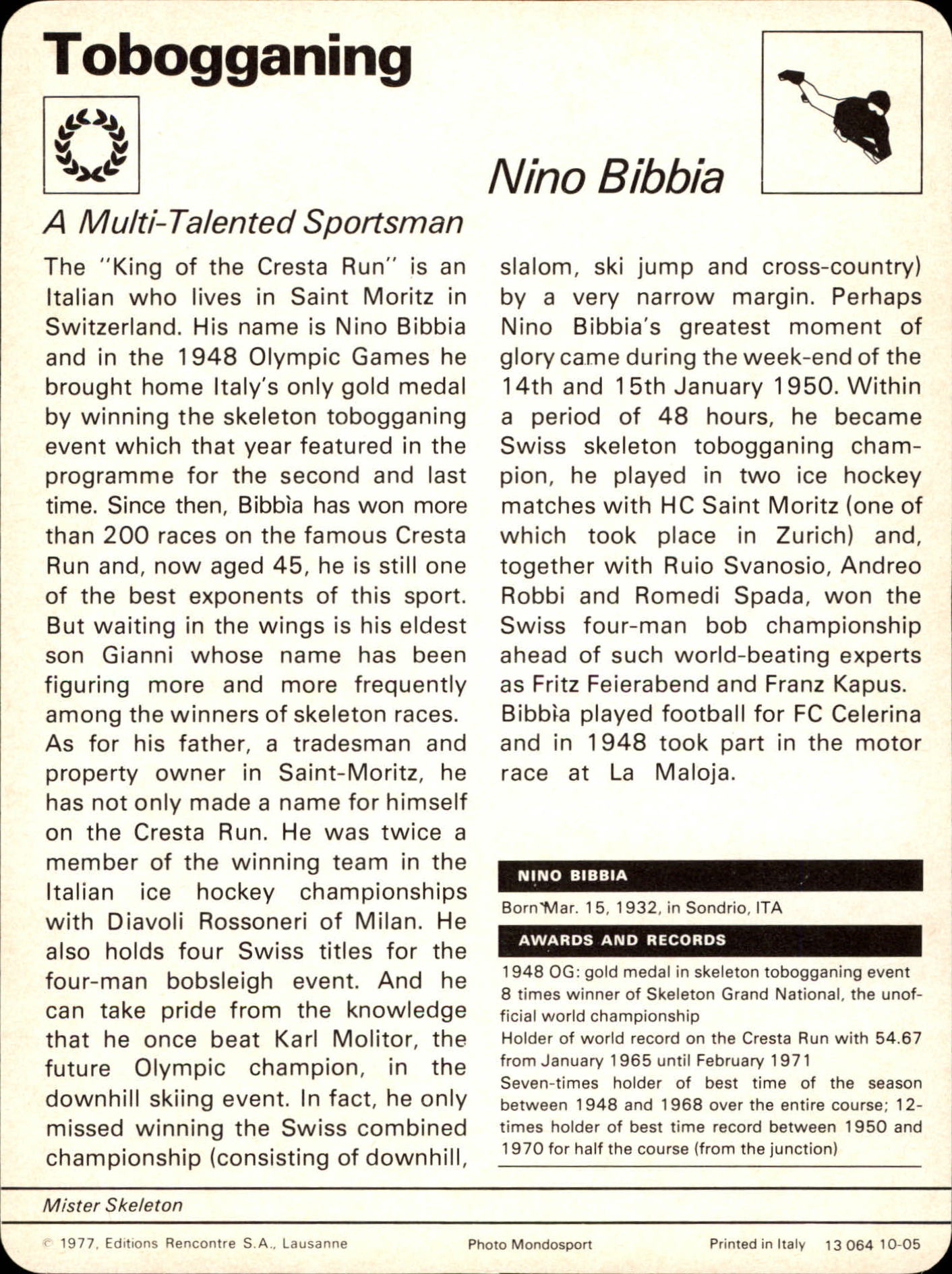 1977-79 Sportscaster Series 10 #1005 Nino Bibbia back image