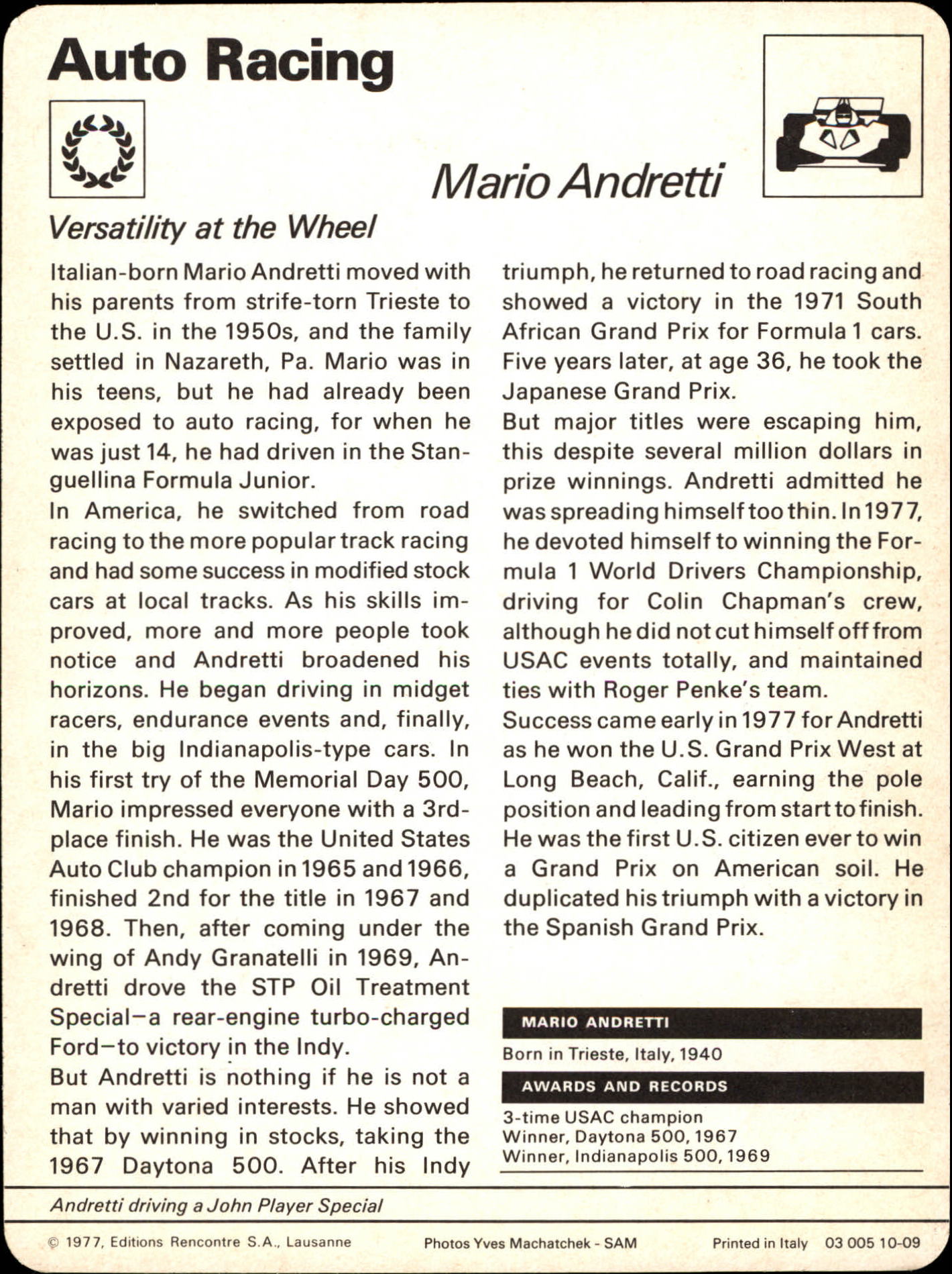 1977-79 Sportscaster Series 10 #1009 Mario Andretti back image