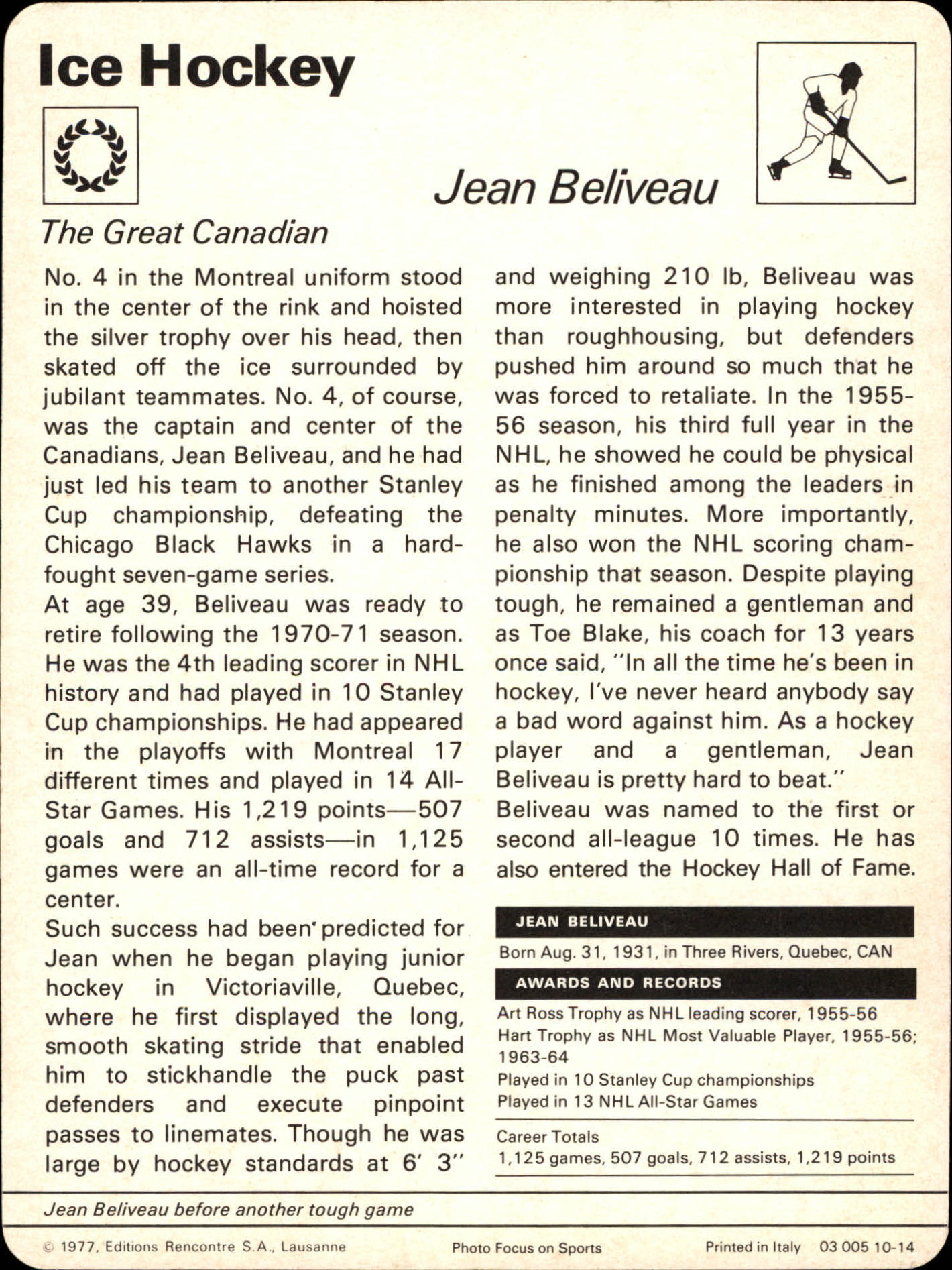 1977-79 Sportscaster Series 10 #1014 Jean Beliveau back image