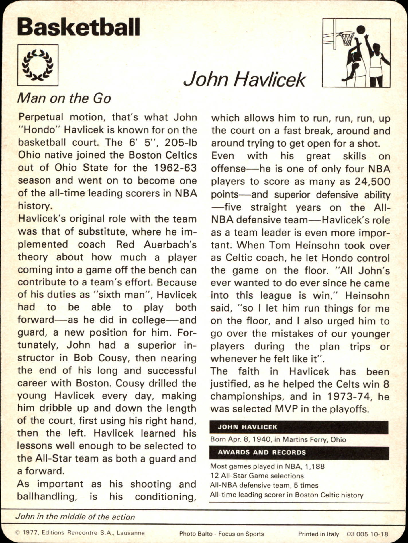1977-79 Sportscaster Series 10 #1018 John Havlicek back image