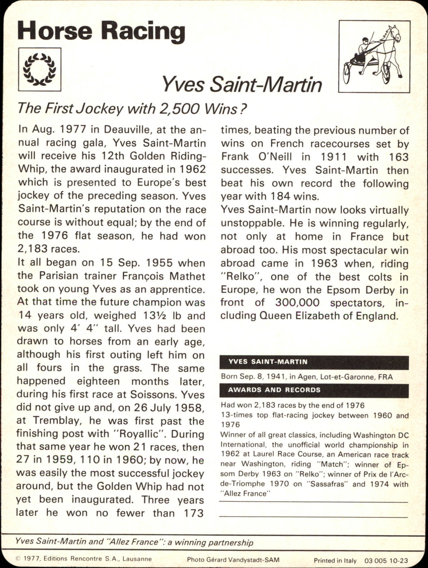 1977-79 Sportscaster Series 10 #1023 Yves Saint-Martin back image