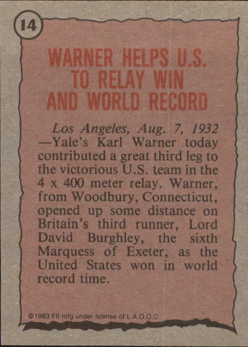 1983 Topps History's Greatest Olympians #14 Karl Warner back image