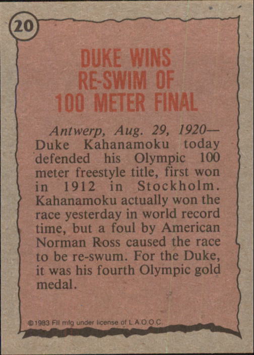 1983 Topps History's Greatest Olympians #20 Duke Kahanamoku back image