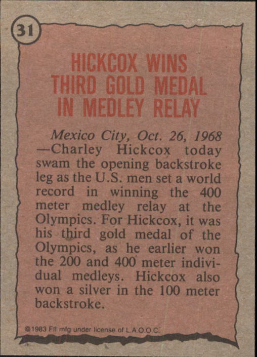 1983 Topps History's Greatest Olympians #31 Charles Hickcox back image