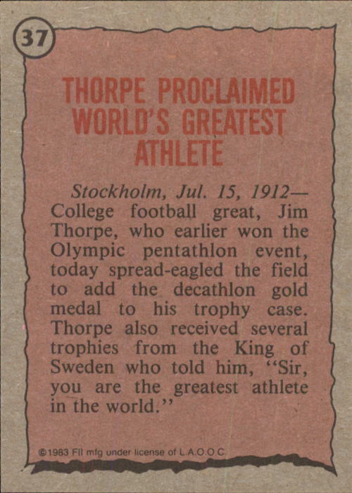1983 Topps History's Greatest Olympians #37 Jim Thorpe back image