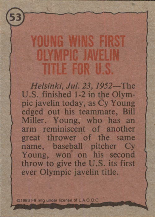 1983 Topps History's Greatest Olympians #53 Cy Young back image