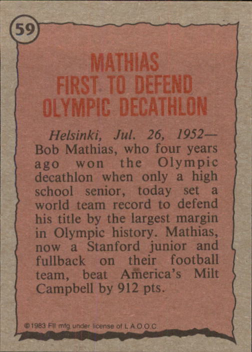 1983 Topps History's Greatest Olympians #59 Bob Mathias back image