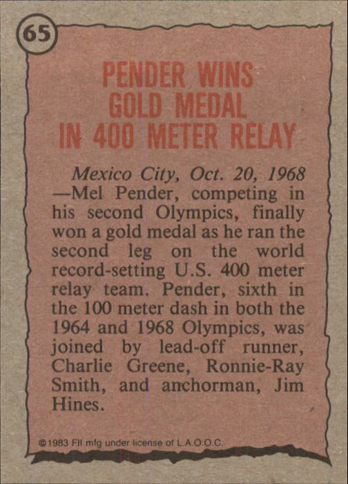 1983 Topps History's Greatest Olympians #65 Mel Pender back image