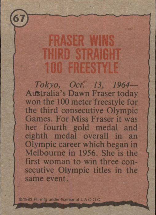 1983 Topps History's Greatest Olympians #67 Dawn Fraser back image