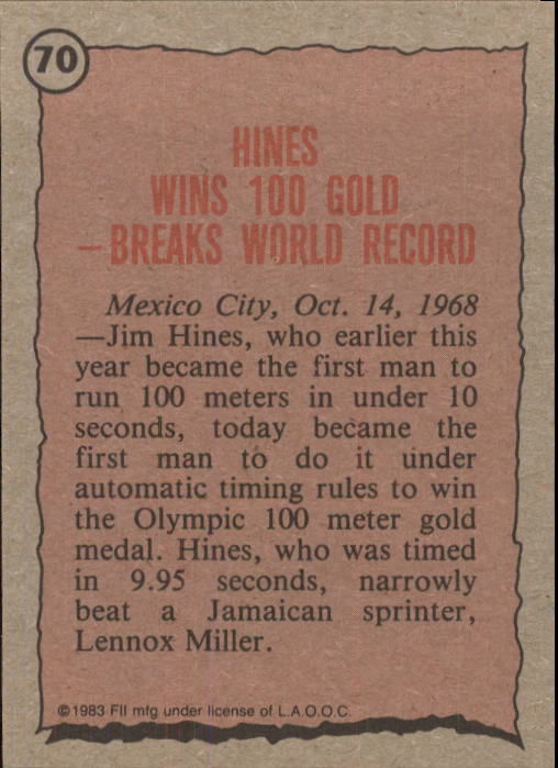 1983 Topps History's Greatest Olympians #70 Jim Hines back image