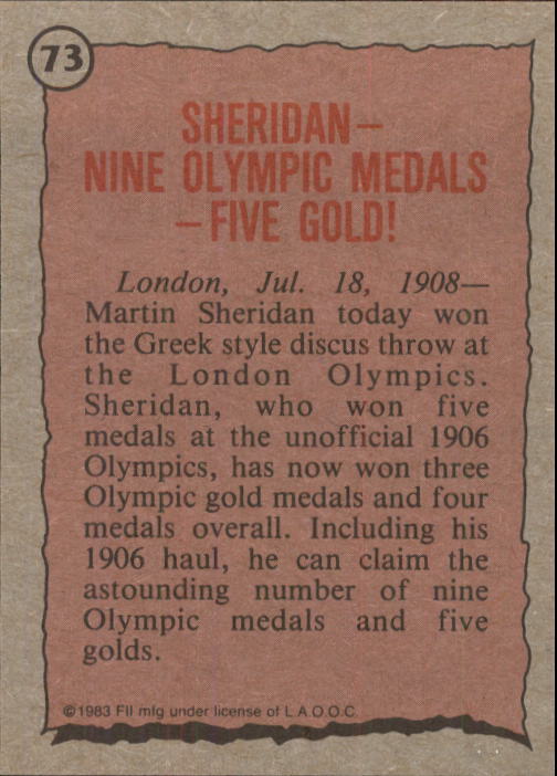 1983 Topps History's Greatest Olympians #73 Martin Sheridan back image