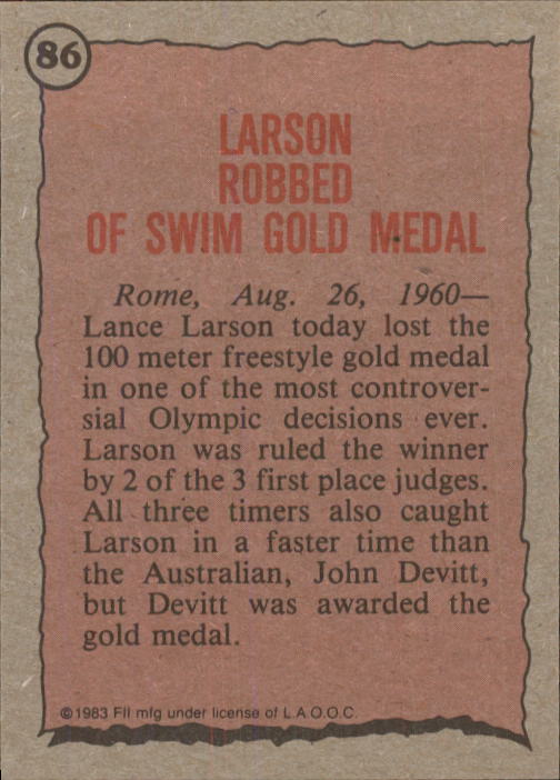 1983 Topps History's Greatest Olympians #86 Lance Larson back image