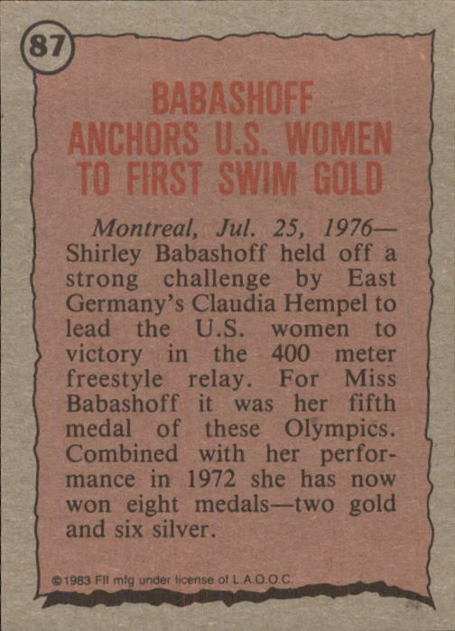 1983 Topps History's Greatest Olympians #87 Shirley Babashoff back image
