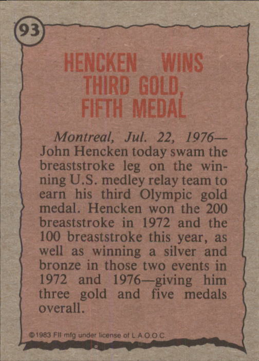 1983 Topps History's Greatest Olympians #93 John Hencken back image