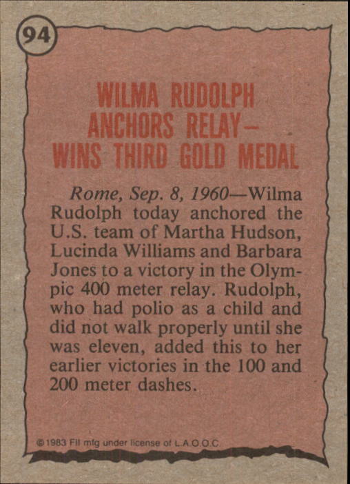 1983 Topps History's Greatest Olympians #94 Wilma Rudolph back image