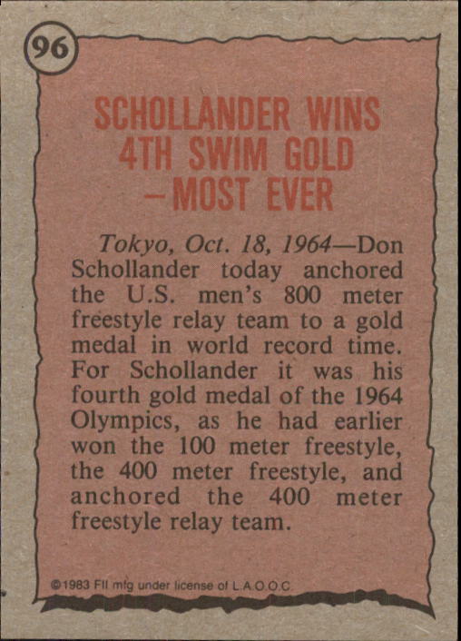 1983 Topps History's Greatest Olympians #96 Don Schollander back image