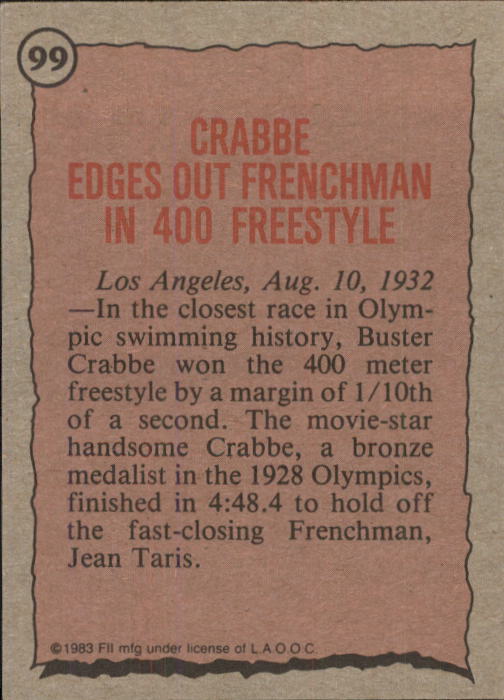 1983 Topps History's Greatest Olympians #99 Buster Crabbe back image