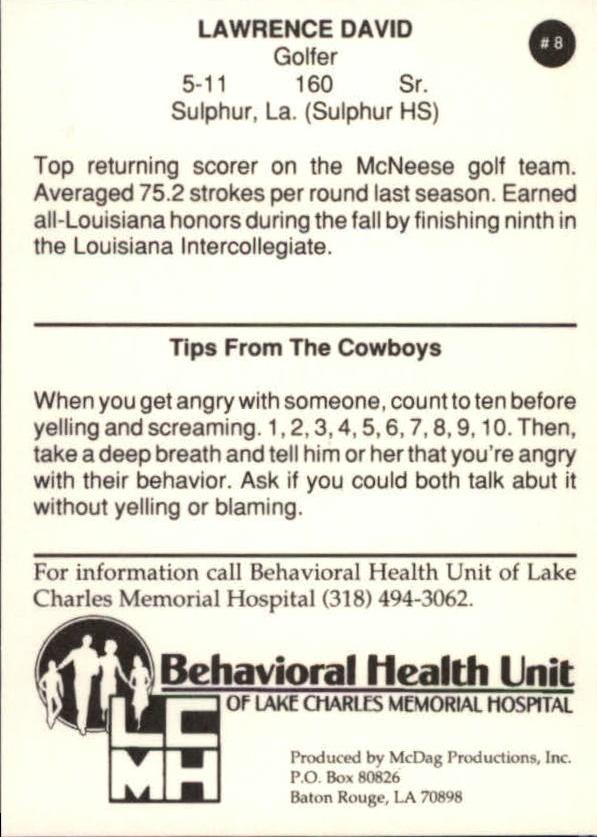 1989 McNeese State #8 Lawrence David Golf back image