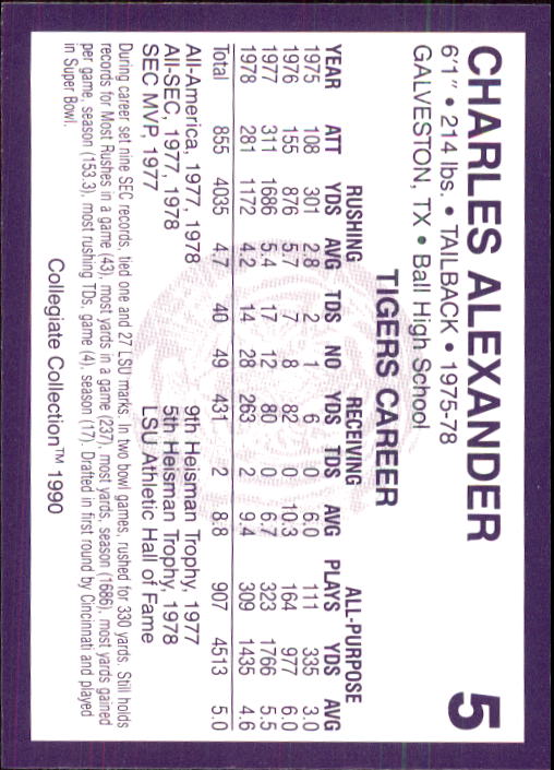 1990 LSU Collegiate Collection #5 Charles Alexander back image