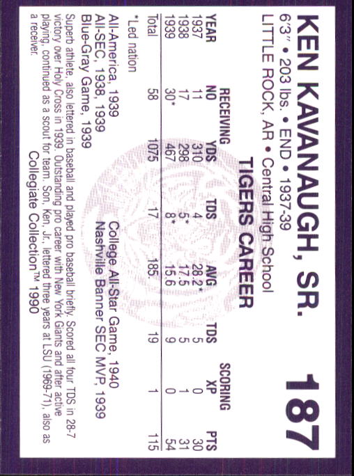 1990 LSU Collegiate Collection #187 Ken Kavanaugh Sr. CO back image