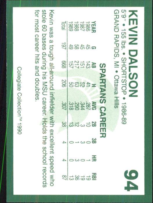1990-91 Michigan State Collegiate Collection 200 #94 Kevin Dalson BB back image