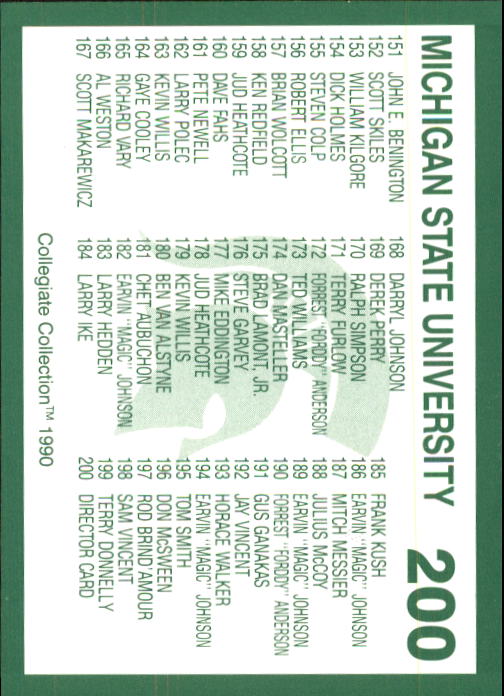 1990-91 Michigan State Collegiate Collection 200 #200 Checklist Card 101-199 back image
