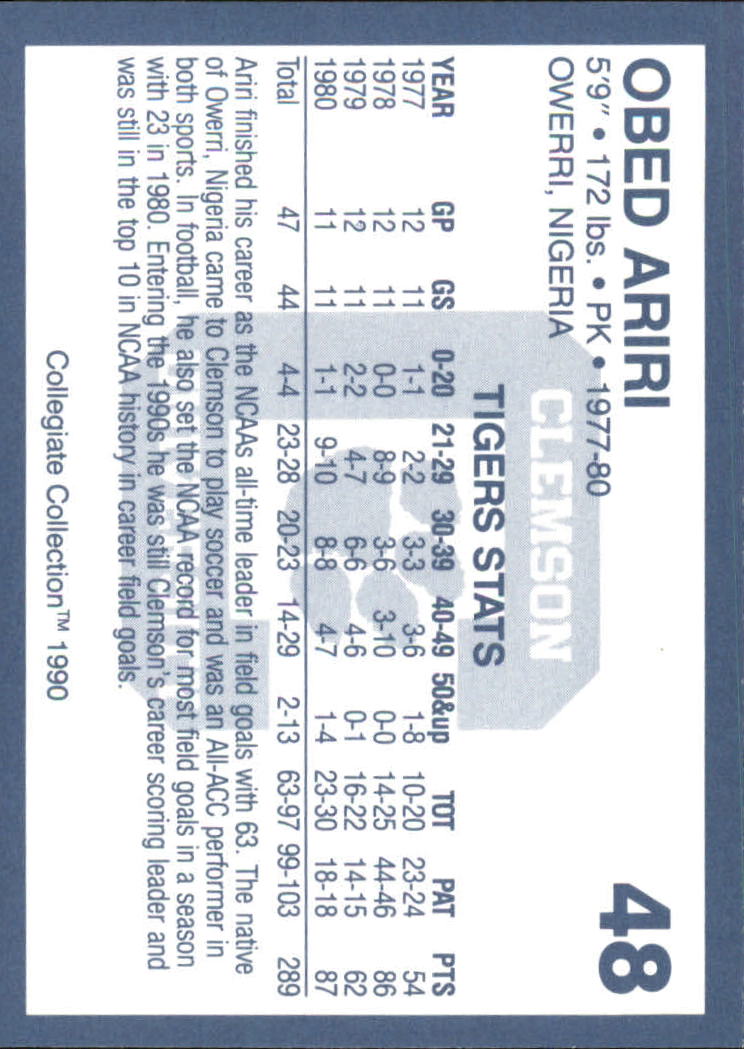 1990-91 Clemson Collegiate Collection #48 Obed Ariri F back image