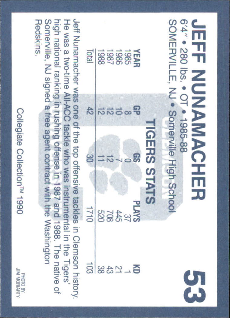 1990-91 Clemson Collegiate Collection #53 Jeff Nunamacher F back image