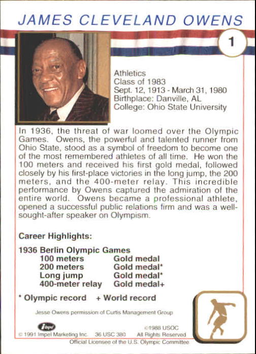 1991 Impel U.S. Olympic Hall of Fame #1 Jesse Owens back image