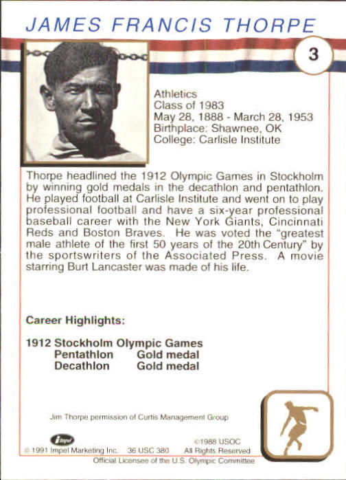 1991 Impel U.S. Olympic Hall of Fame #3 Jim Thorpe back image