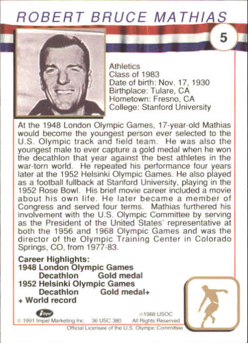 1991 Impel U.S. Olympic Hall of Fame #5 Bob Mathias back image