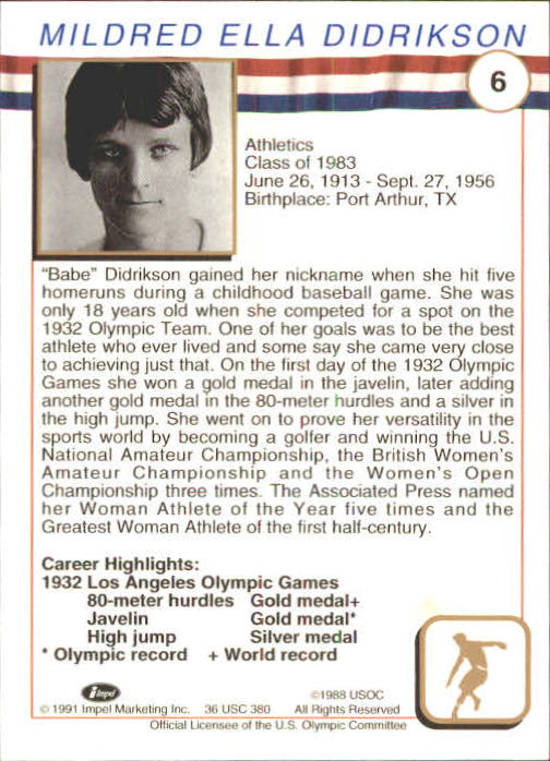 1991 Impel U.S. Olympic Hall of Fame #6 Babe Didrikson back image