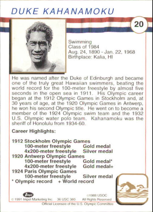 1991 Impel U.S. Olympic Hall of Fame #20 Duke Kahanamoku back image