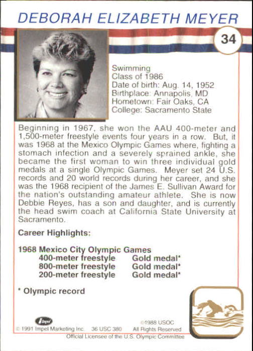 1991 Impel U.S. Olympic Hall of Fame #34 Debbie Meyer back image