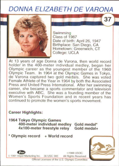 1991 Impel U.S. Olympic Hall of Fame #37 Donna de Varona back image