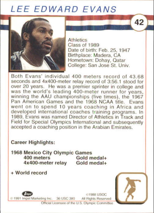 1991 Impel U.S. Olympic Hall of Fame #42 Lee Evans back image