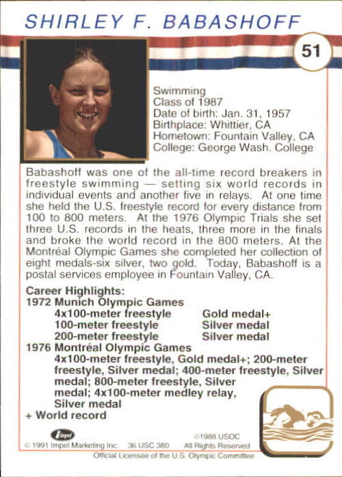 1991 Impel U.S. Olympic Hall of Fame #51 Shirley Babashoff back image