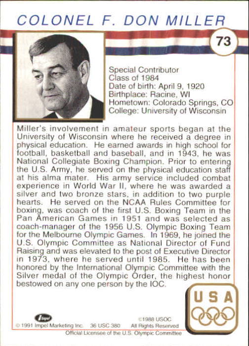 1991 Impel U.S. Olympic Hall of Fame #73 Col. F. Don Miller back image