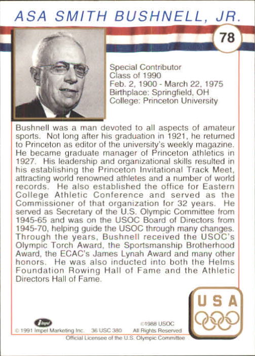 1991 Impel U.S. Olympic Hall of Fame #78 Asa Bushnell back image