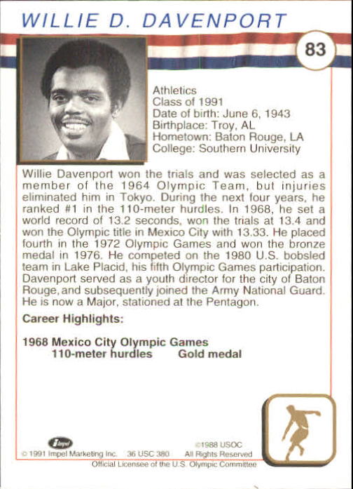 1991 Impel U.S. Olympic Hall of Fame #83 Willie Davenport back image