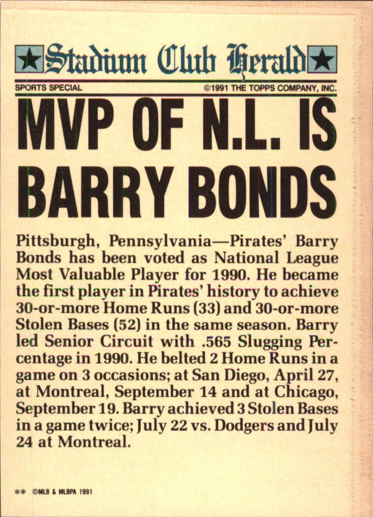 1991 Stadium Club Charter Member #3 Barry Bonds back image