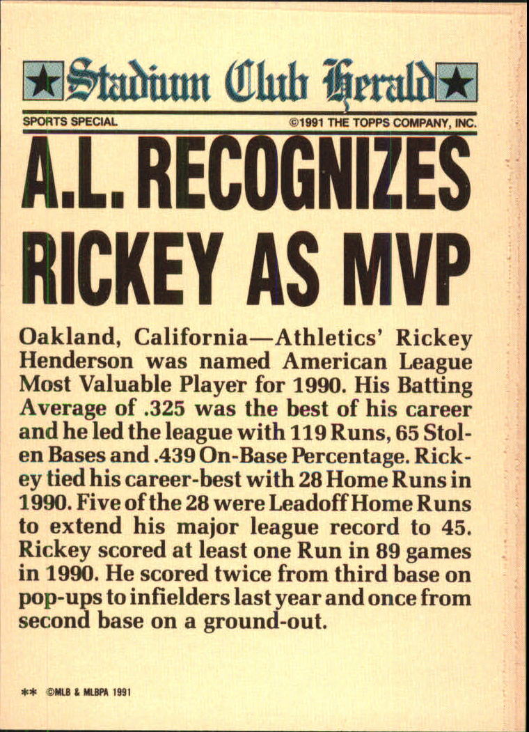 1991 Stadium Club Charter Member #13 Rickey Henderson/A.L. Recognizes/Rickey As MVP back image