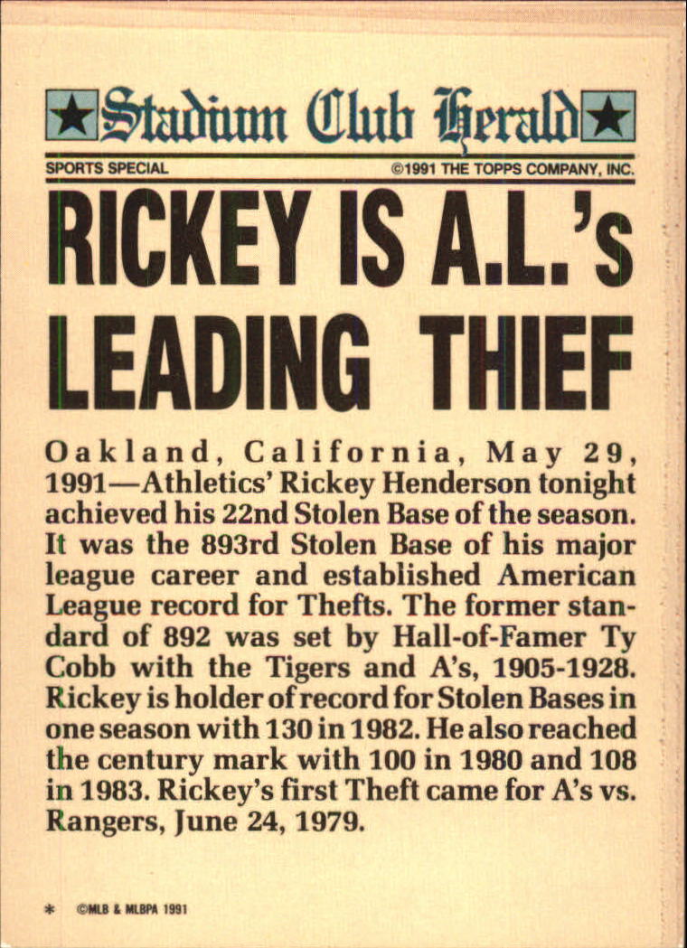 1991 Stadium Club Charter Member #14 Rickey Henderson/Rickey is A.L.'s/Leading Thief back image