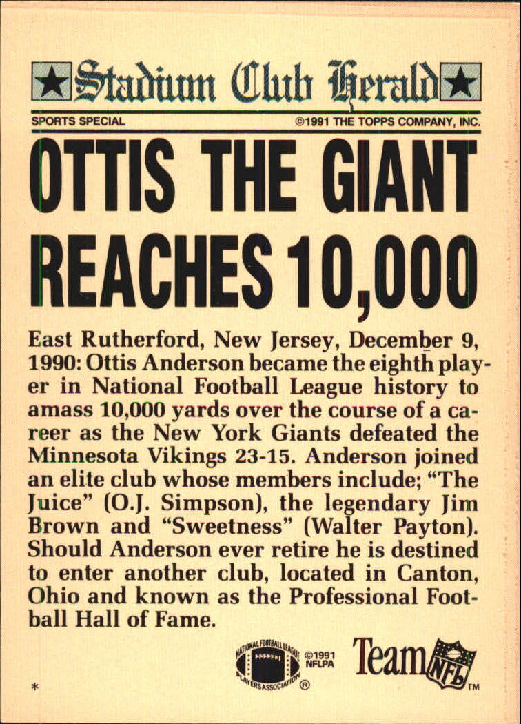 1991 Stadium Club Charter Member #34 Ottis Anderson/Ottis The Giant/Reaches 10&000 back image