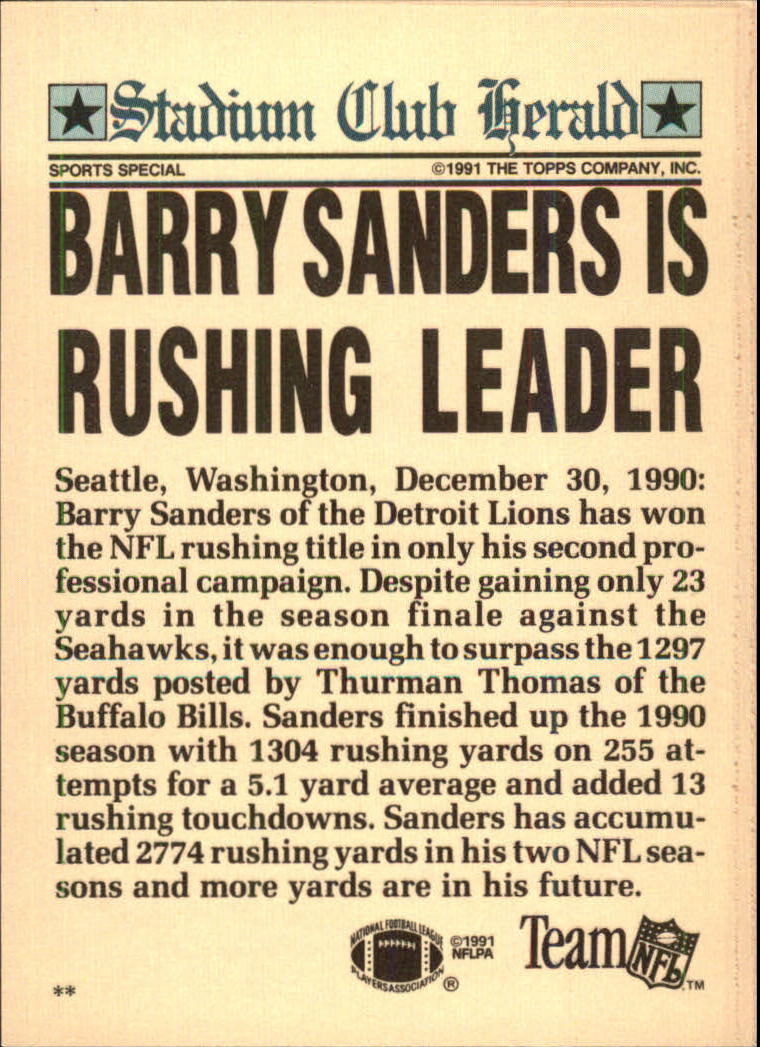 1991 Stadium Club Charter Member #37 Barry Sanders back image