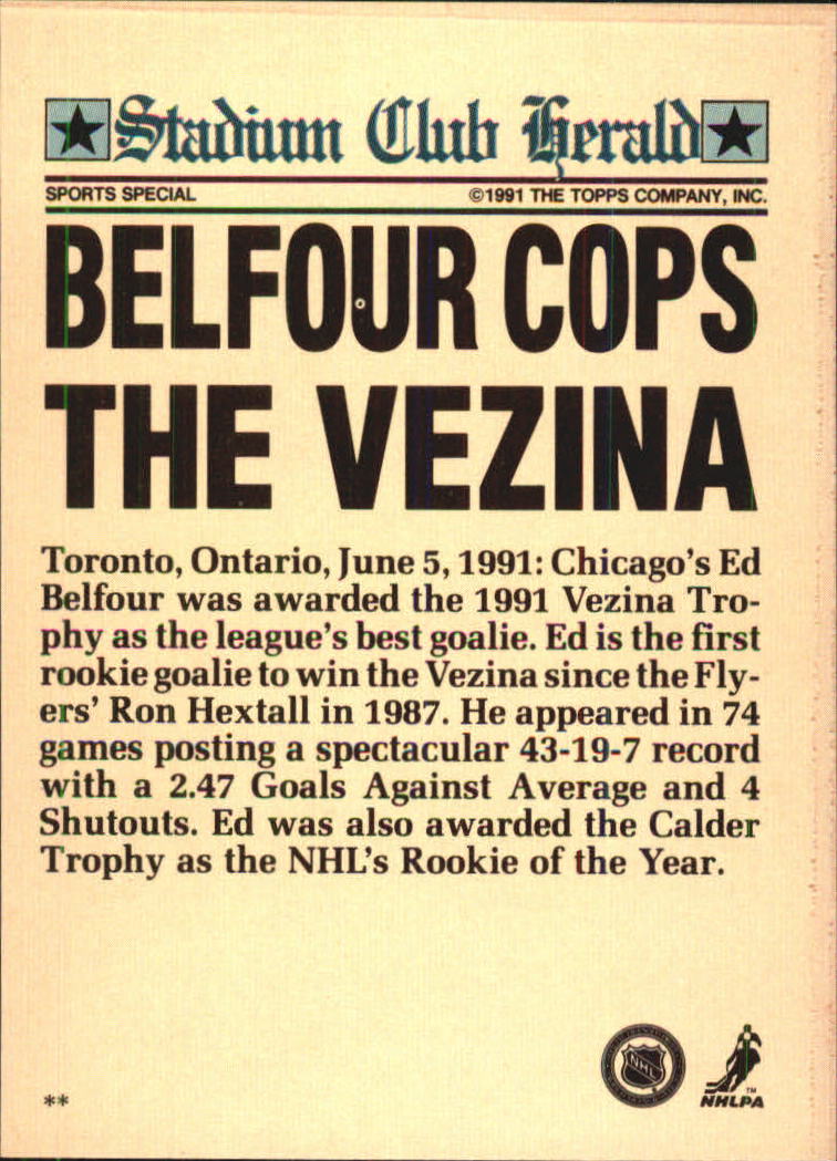 1991 Stadium Club Charter Member #42 Ed Belfour/Belfour Cops/The Vezina back image