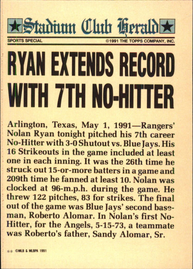 1991 Stadium Club Members Only #7 Nolan Ryan/Ryan Extends Record/With 7th No-Hitte back image