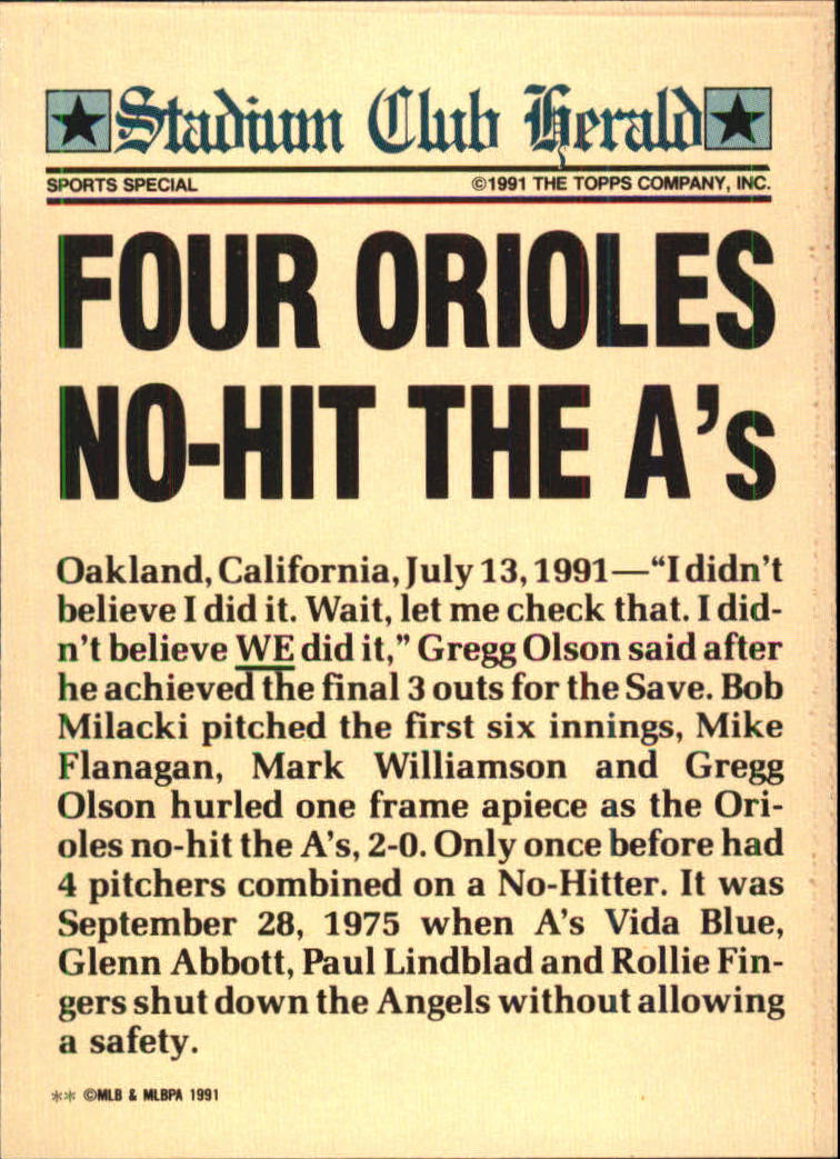 1991 Stadium Club Members Only #10 Orioles No-Hitter/Bob Milacki/Mike Flanagan/Mar back image