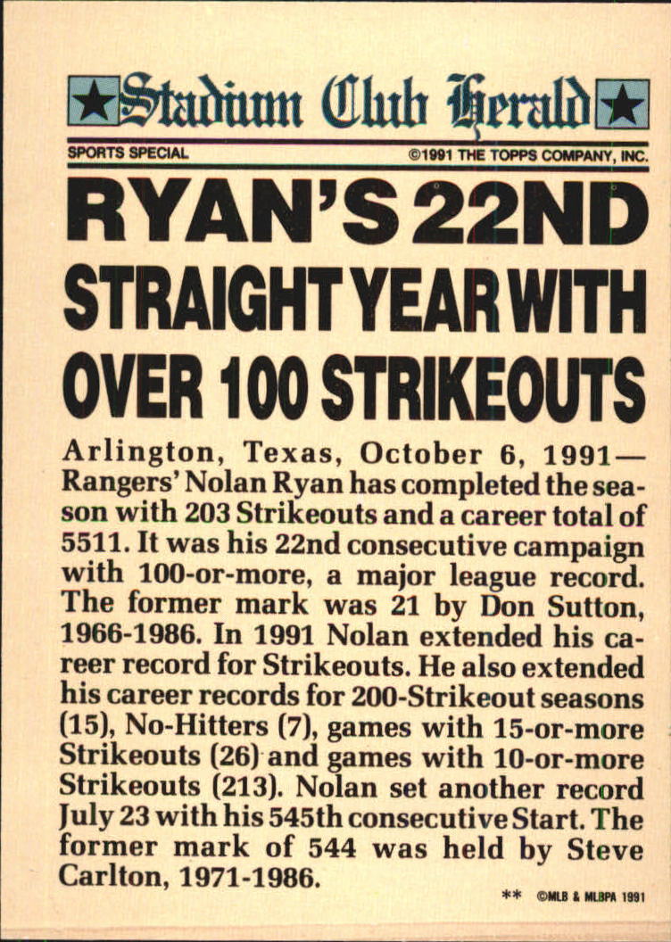 1991 Stadium Club Members Only #27 Nolan Ryan/Ryan's 22nd Straight/Year With Over/ back image