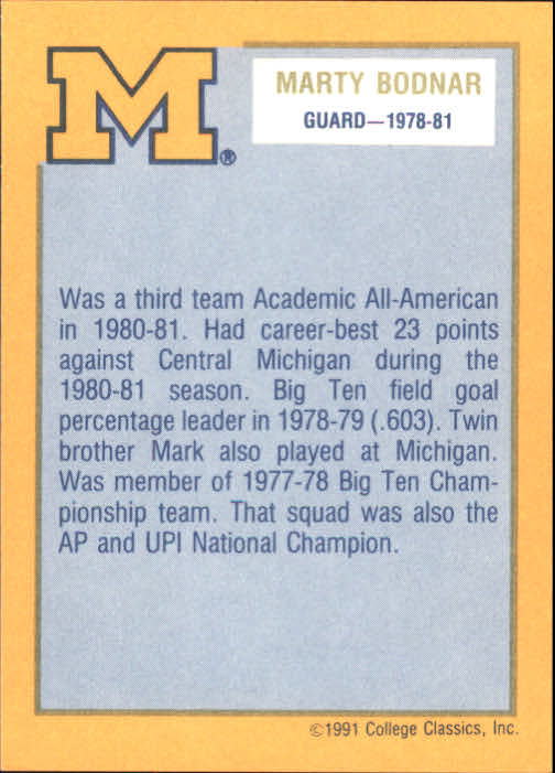 1991 Michigan #5 Marty Bodnar BK back image